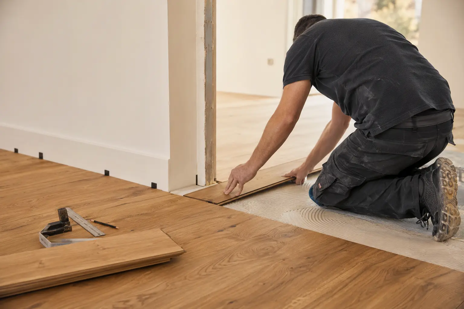 Handwerker bei der präzisen Verlegung eines Holzbodens
